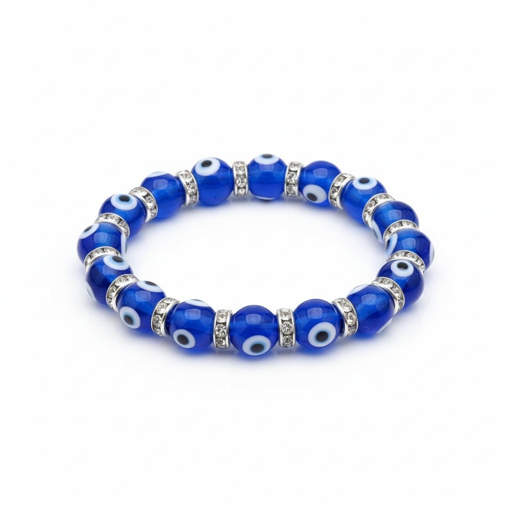 Blue Evil Eye Beaded Stretchy Bracelet Rhinestone Accent‎ Charm Protection